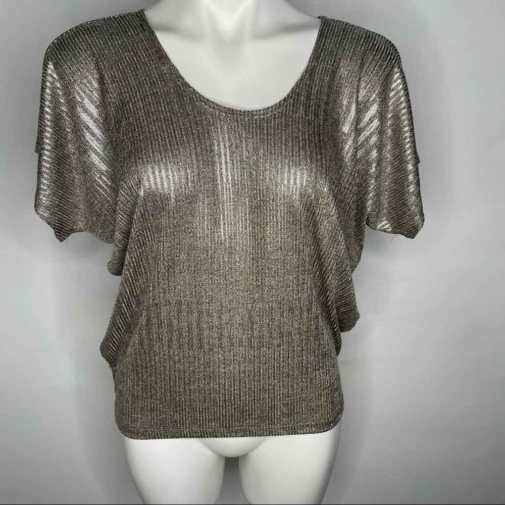 🍋Kim & Cami Metallic gauzy round neck top